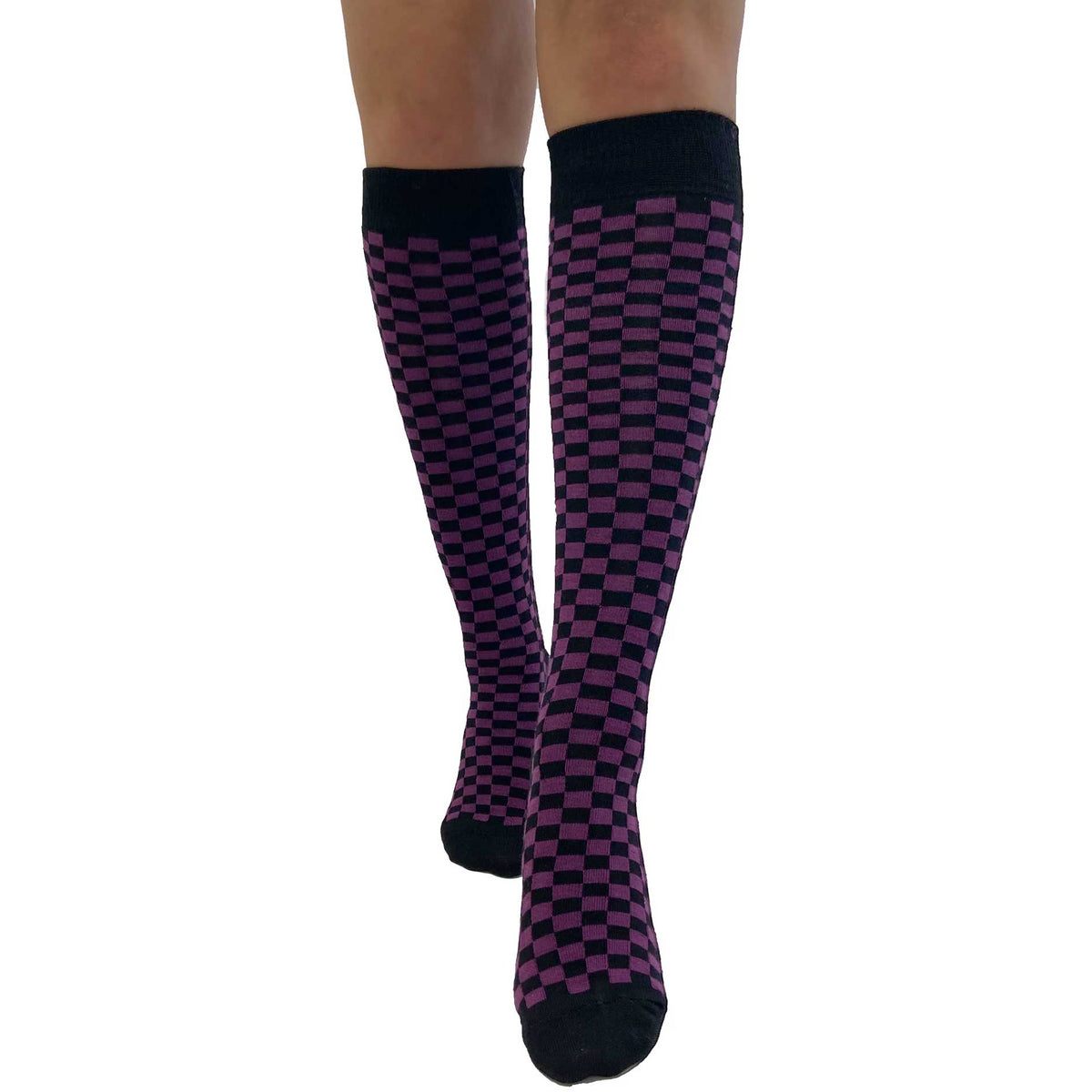 Women's purple and black checkered knee-high socks with a warped checkerboard design, soft knit fabric, and alternative fashion style.
