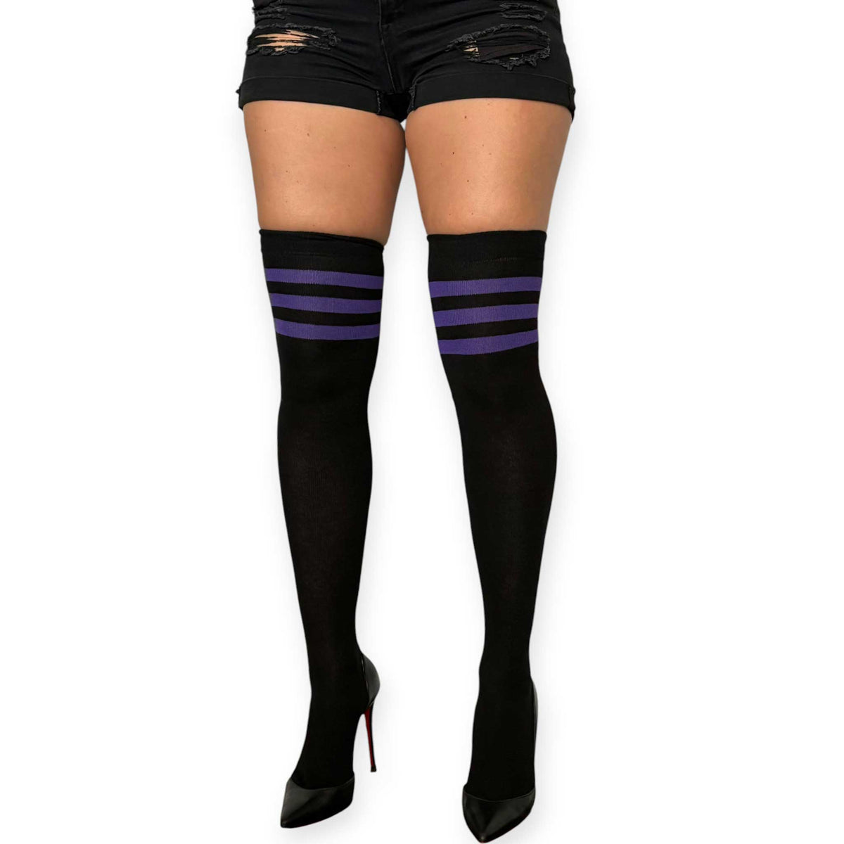 Front view of black and purple striped over the knee socks for women by Malka Chic with a sporty triple-stripe design.