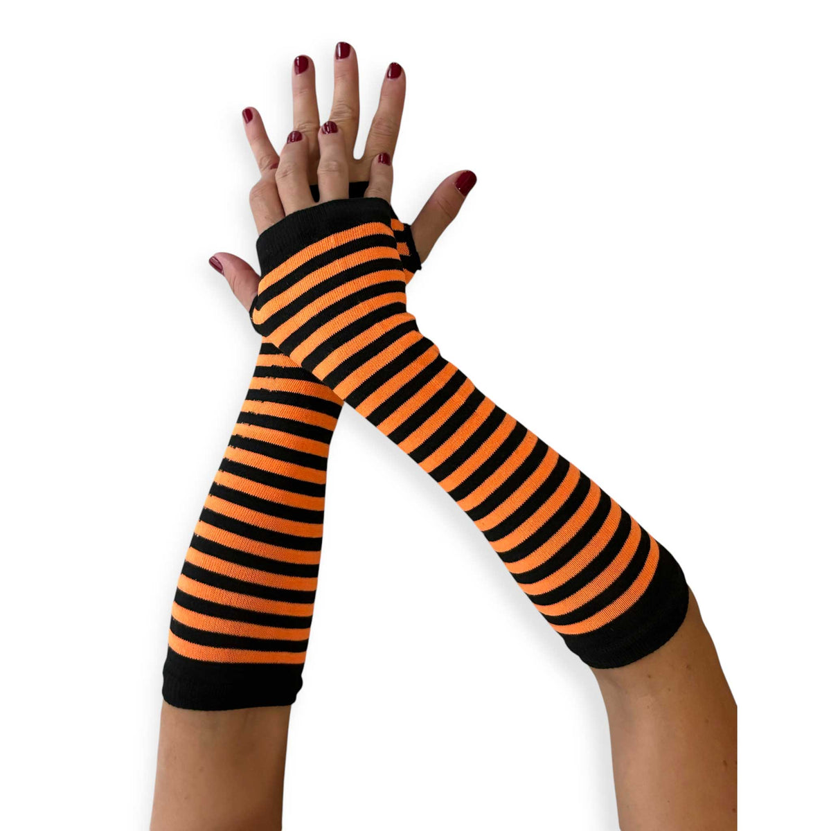 Malka Chic women’s orange and black striped fingerless gloves with thumb openings and extended length.