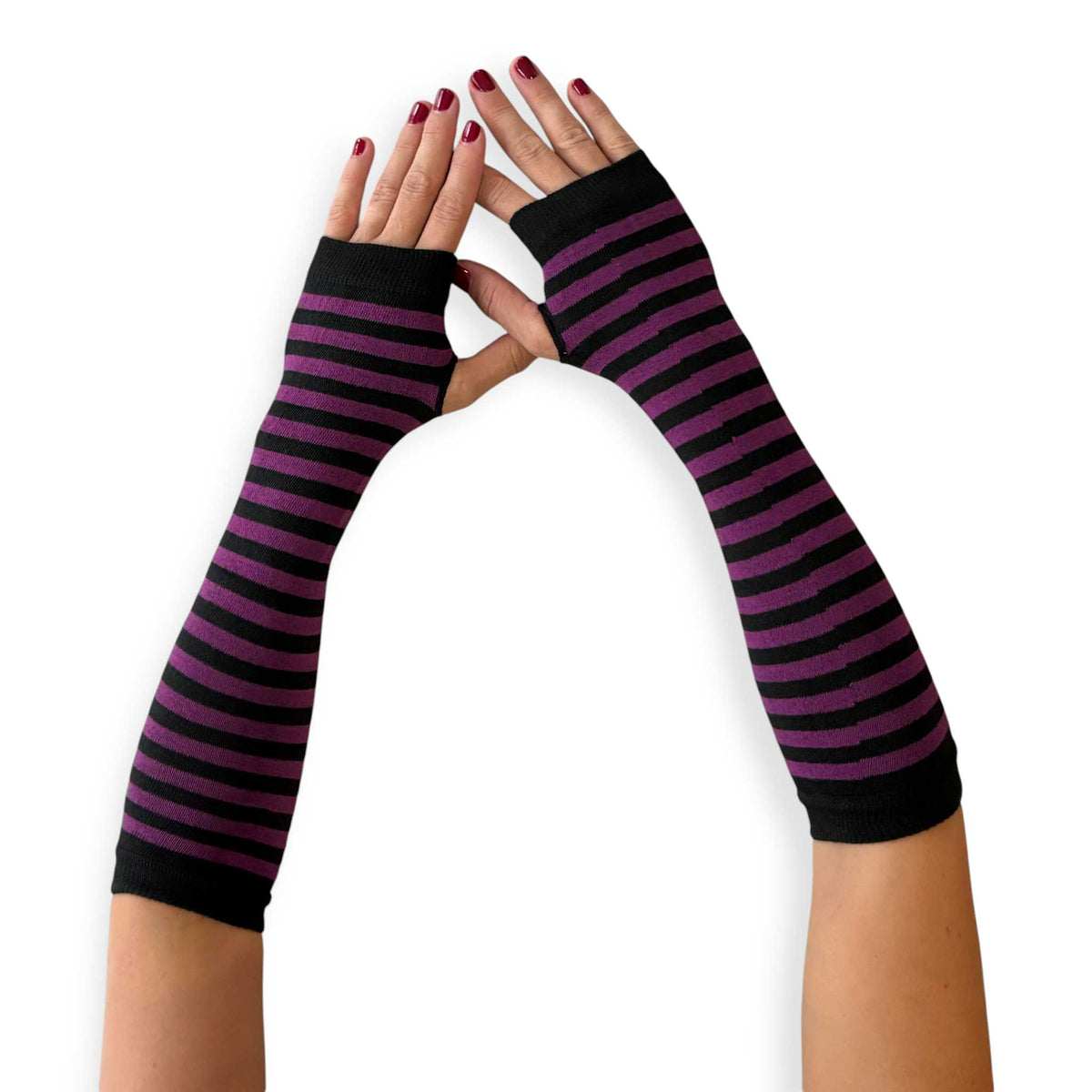 Long purple and black striped arm warmers for women by Malka Chic with fingerless glove design.
