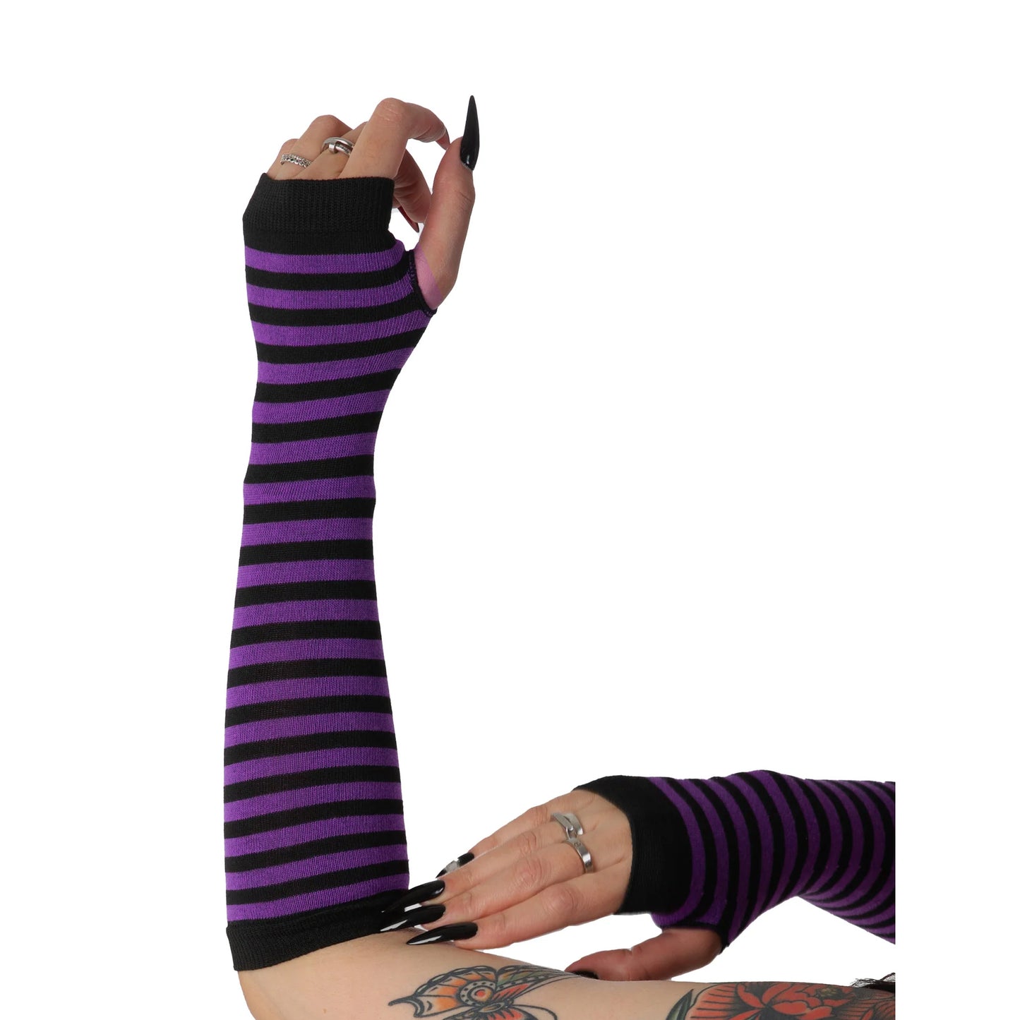 Purple and black striped fingerless gloves for women with long knit arm warmer design.