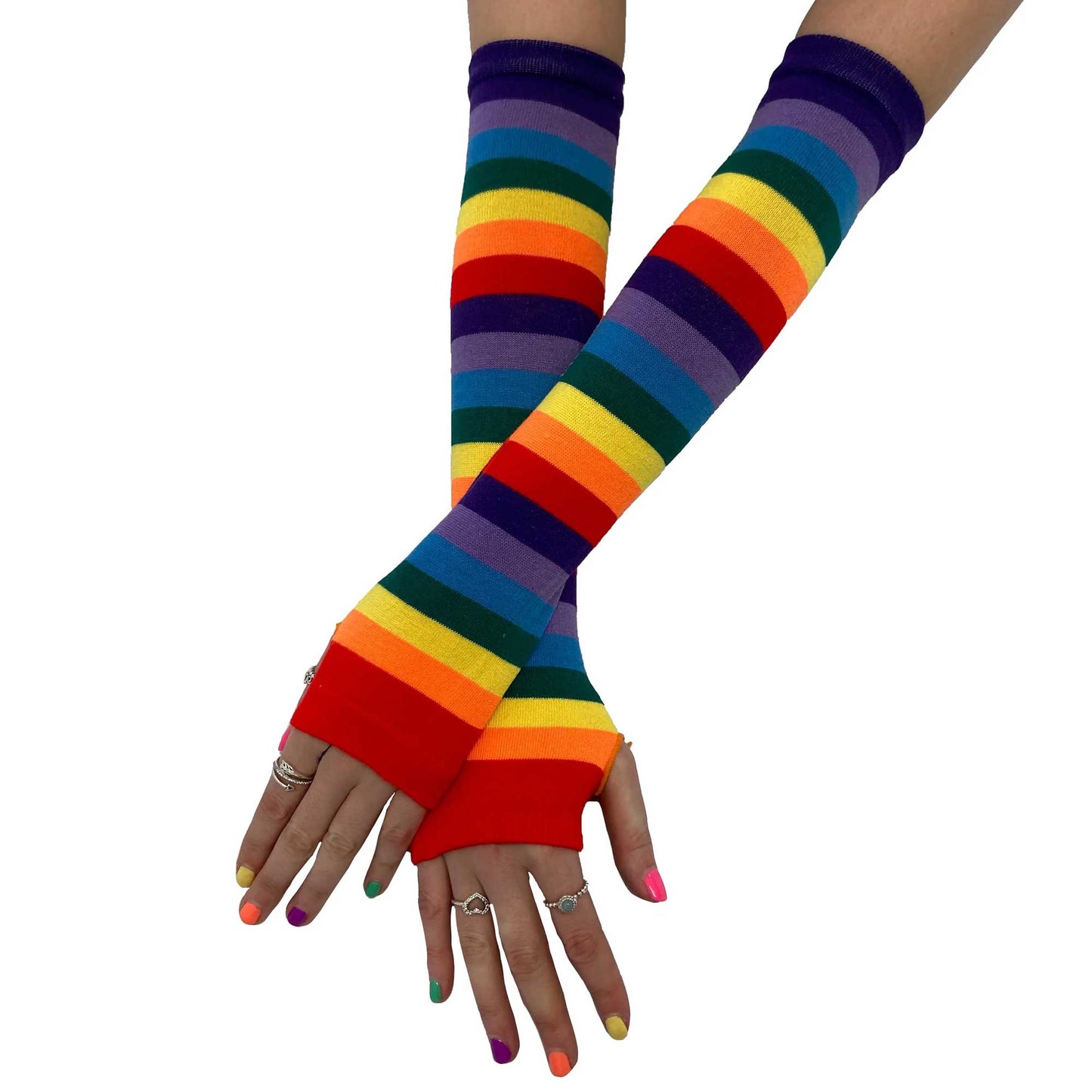 Rainbow Striped Fingerless Gloves for Women
