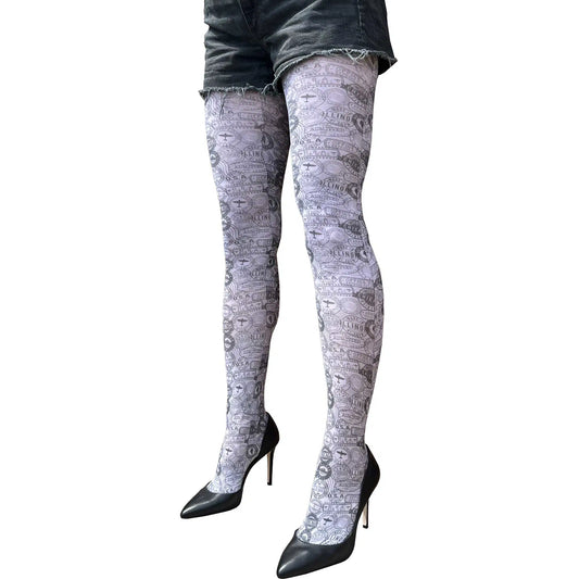Black and white stamps patterned tights by Malka Chic with graphic print design