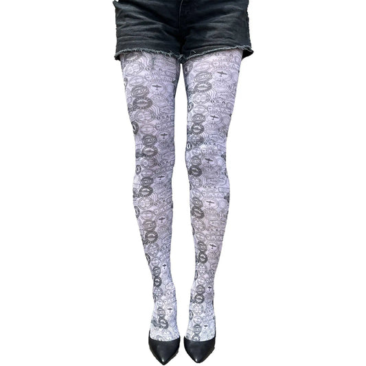 Malka Chic stamp print tights with monochrome pattern for stylish outfits