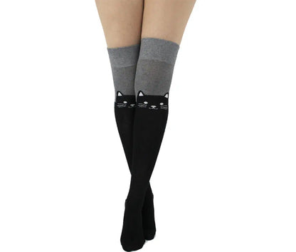 Malka Chic black and gray novelty thigh high socks for women with a playful feline pattern.
