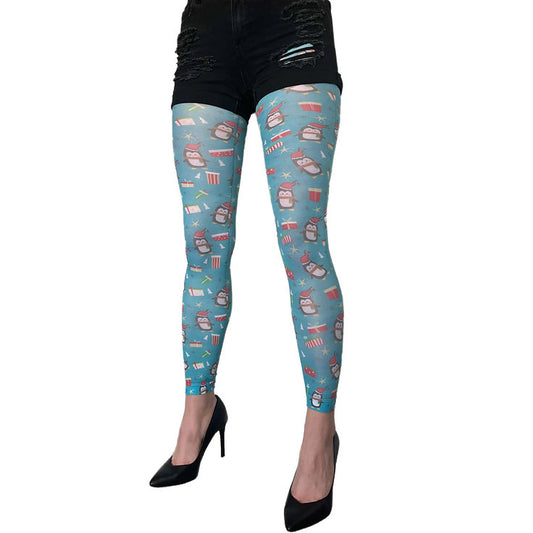 Blue Christmas penguin footless tights by Malka Chic with festive holiday print