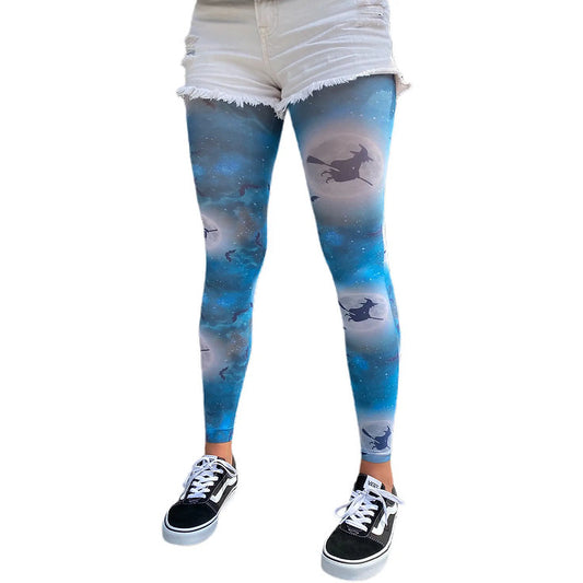 Blue witch footless tights by Malka Chic with playful Halloween themed pattern