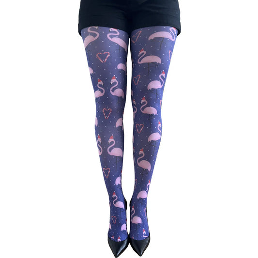 Christmas flamingo tights by Malka Chic featuring festive holiday pattern