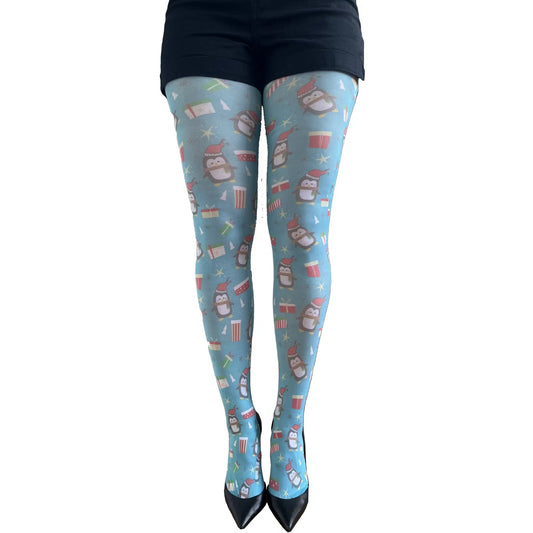 Christmas penguin tights for women by Malka Chic featuring festive winter pattern
