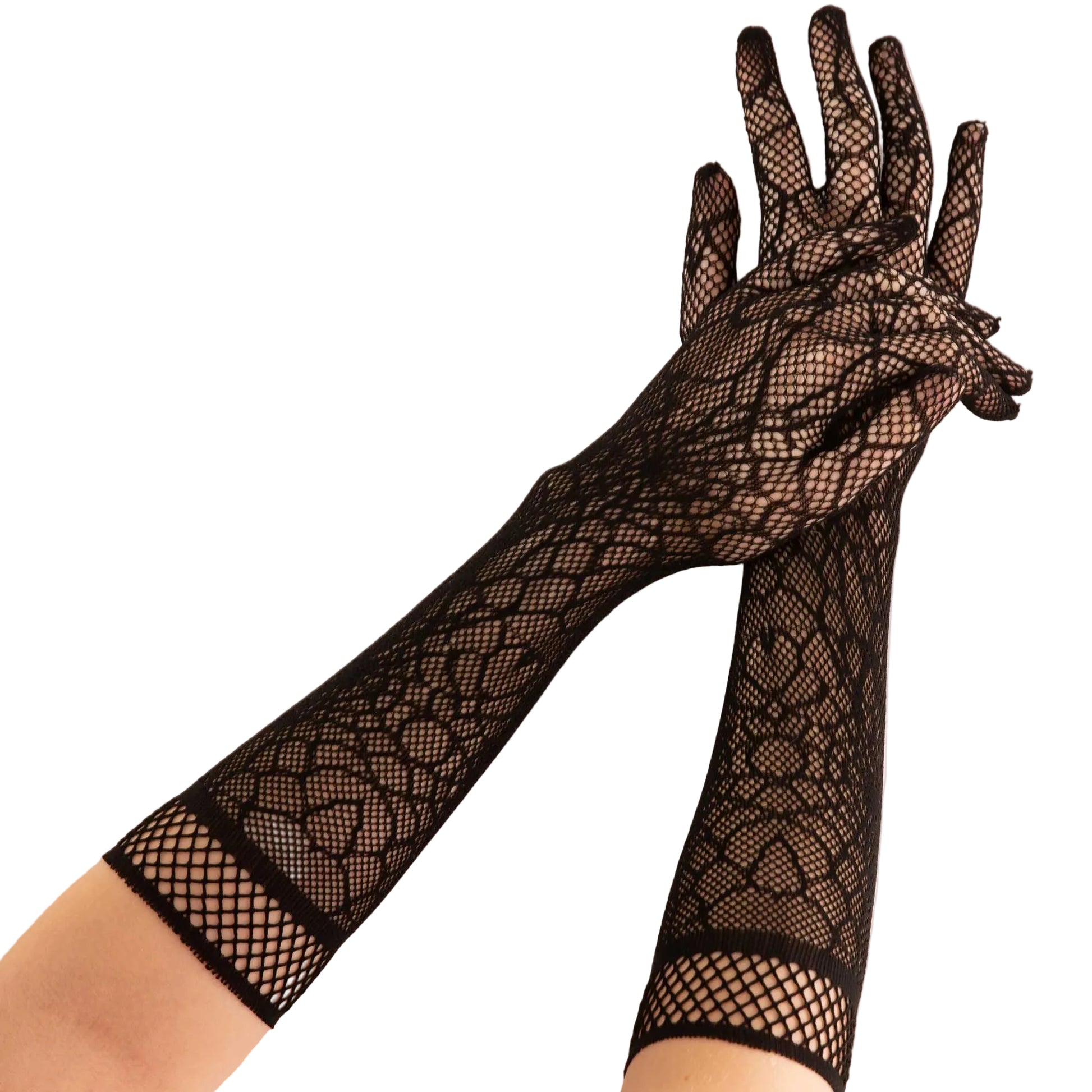 Black cobweb lace gloves for women with elegant gothic spiderweb pattern.