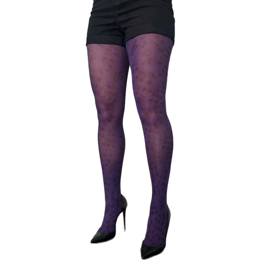 Dark purple music patterned tights by Malka Chic featuring musical notes design