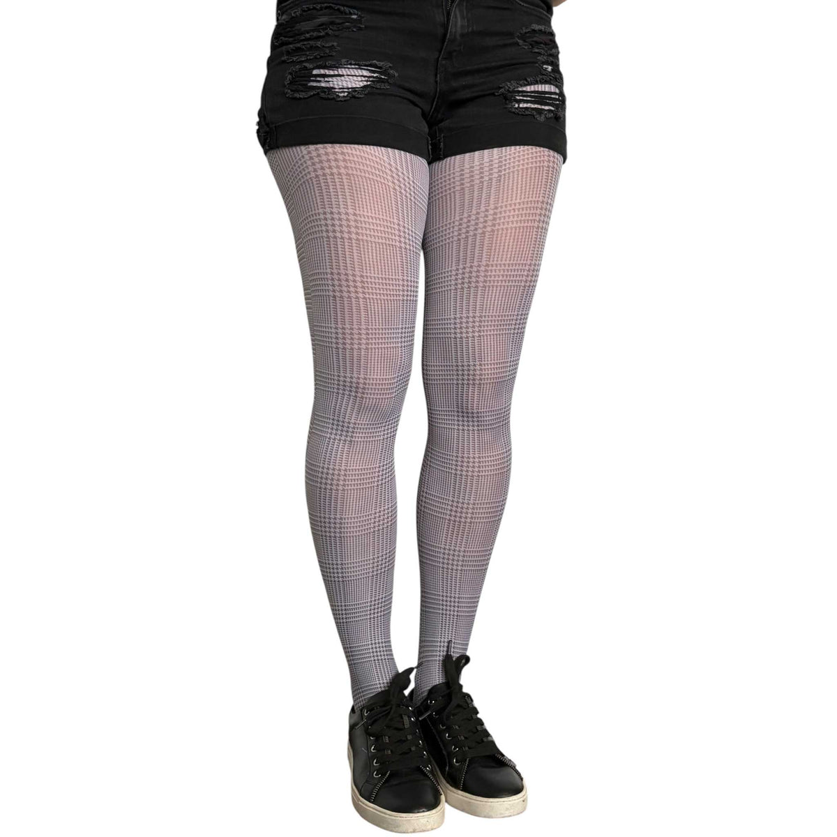 Gray check printed tights for women by Malka Chic with an all-over plaid pattern.