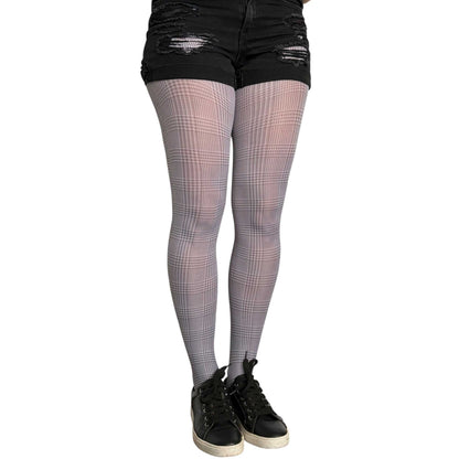 Gray check printed tights for women by Malka Chic with an all-over plaid pattern.