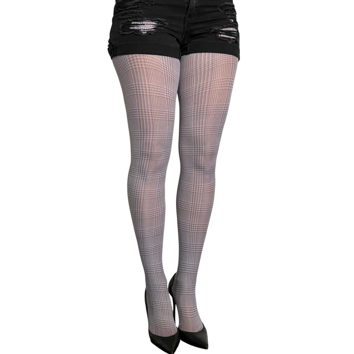 Women’s gray patterned tights by Malka Chic with a sophisticated check and plaid design.