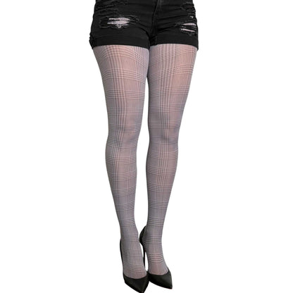 Women’s gray patterned tights by Malka Chic with a sophisticated check and plaid design.