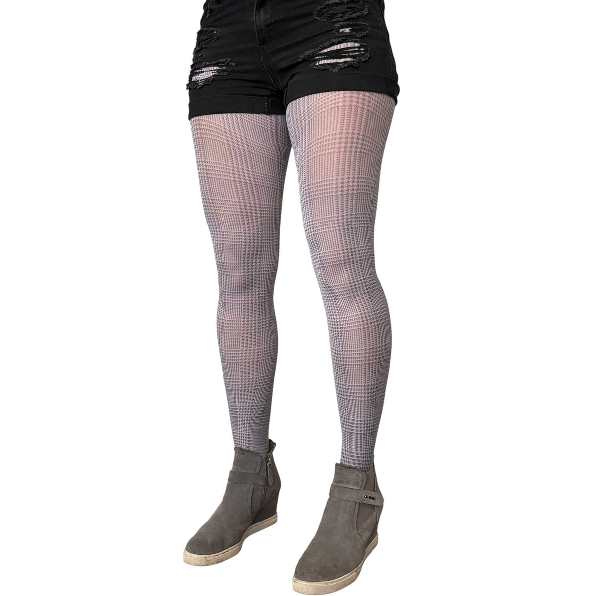 Gray check tights for women by Malka Chic styled with black shorts and pointed toe heels.