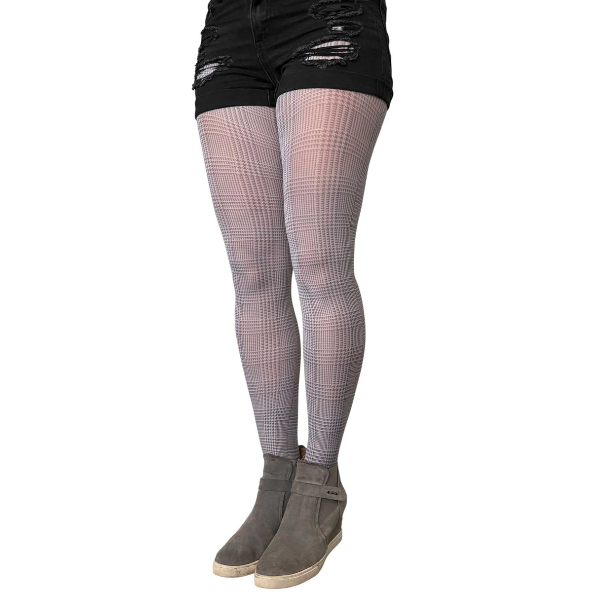 Malka Chic gray printed hosiery for women featuring an all-over geometric plaid pattern.