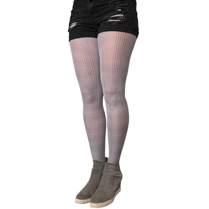 Malka Chic gray printed hosiery for women featuring an all-over geometric plaid pattern.