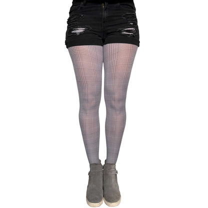 Women’s gray check patterned tights by Malka Chic with a classic tailored-inspired print.