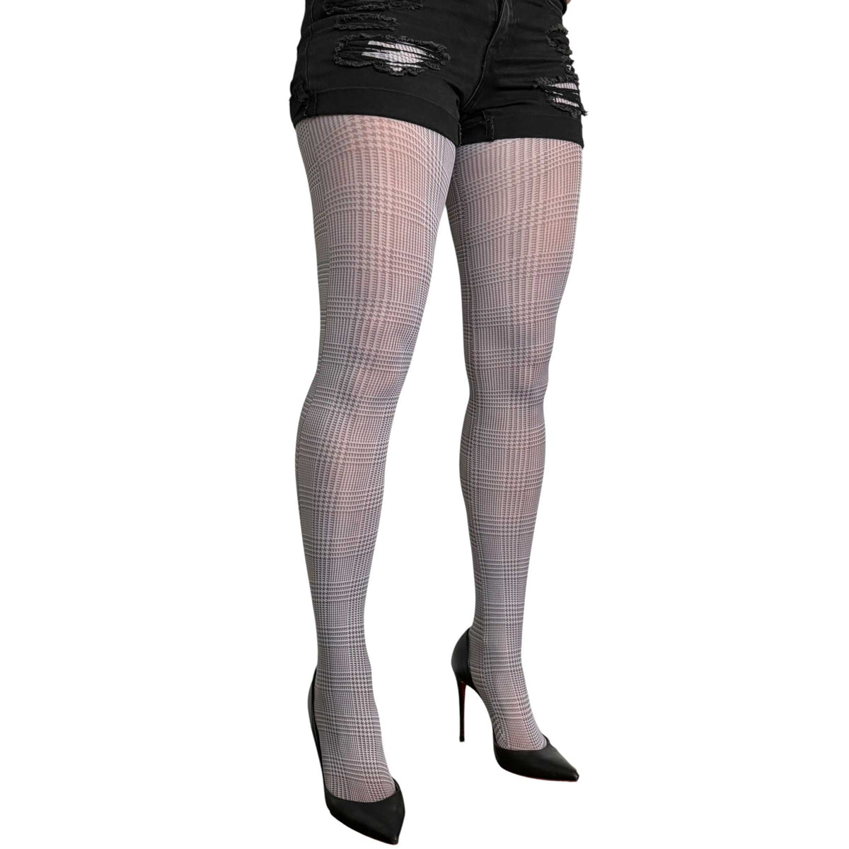 Gray plaid fashion tights for women by Malka Chic styled with black shorts and ankle boots.