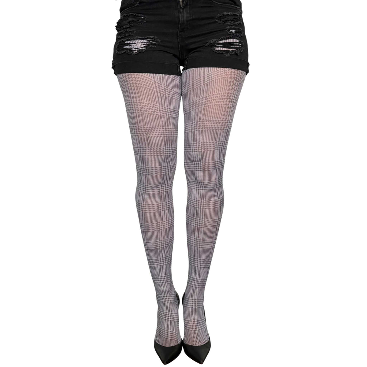 Malka Chic women’s gray check tights with a fine all-over printed pattern and full-length coverage.
