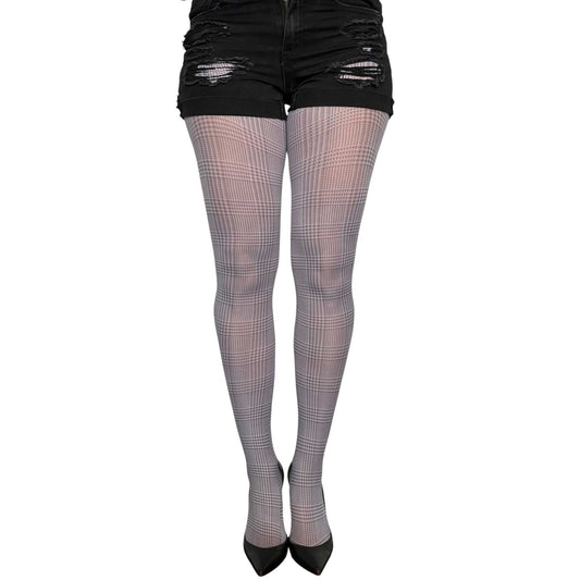 Malka Chic women’s gray check tights with a fine all-over printed pattern and full-length coverage.