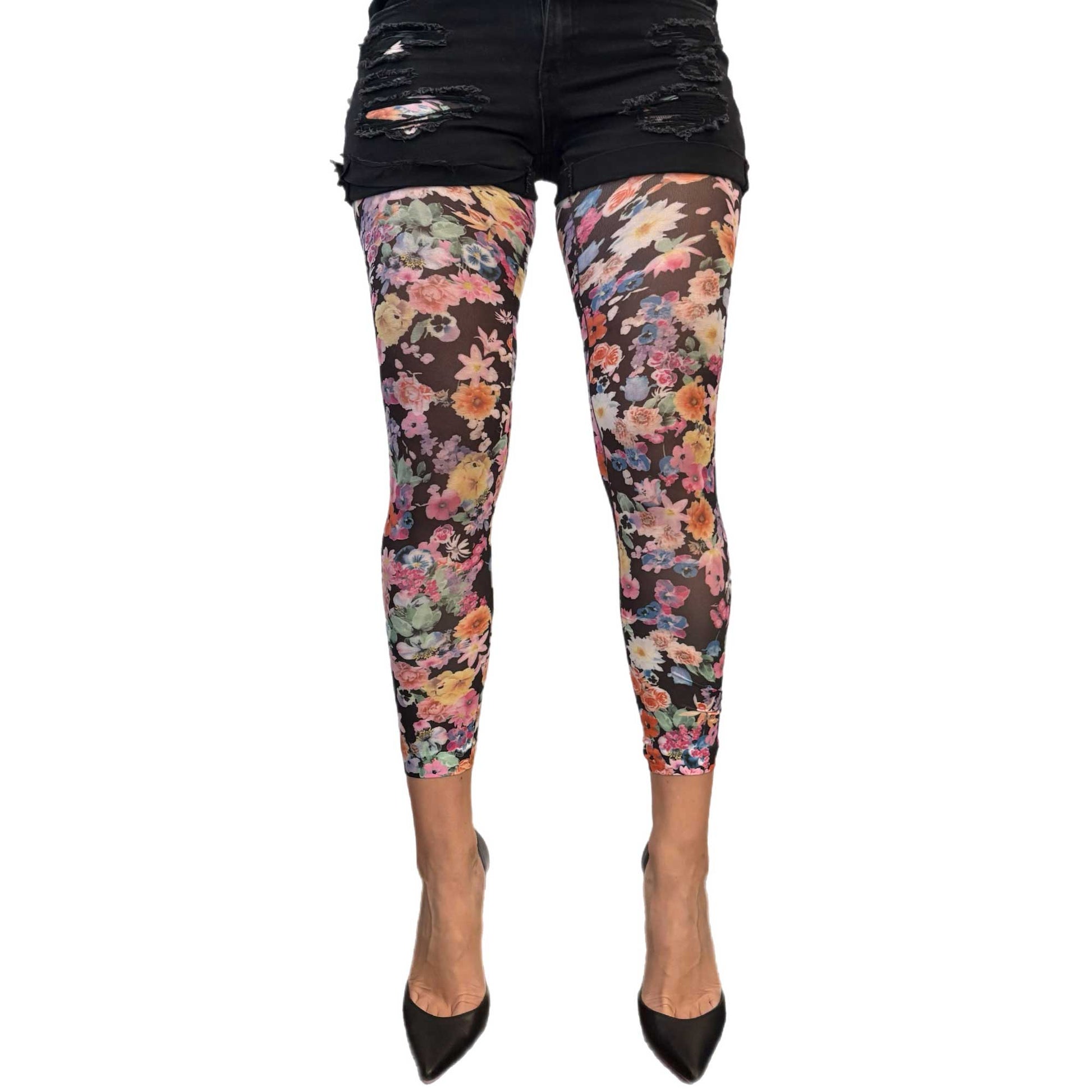 Floral garden footless tights by Malka Chic with delicate botanical pattern, stylish printed hosiery for women’s everyday outfits