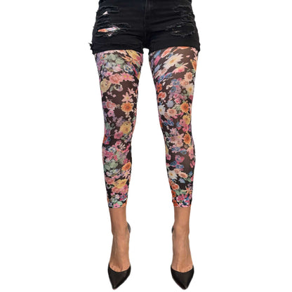 Floral garden footless tights by Malka Chic with delicate botanical pattern, stylish printed hosiery for women’s everyday outfits
