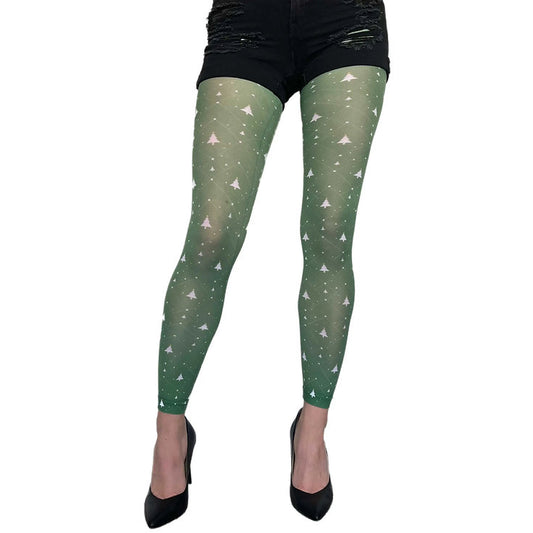 Green Christmas tree footless tights by Malka Chic with festive holiday pattern