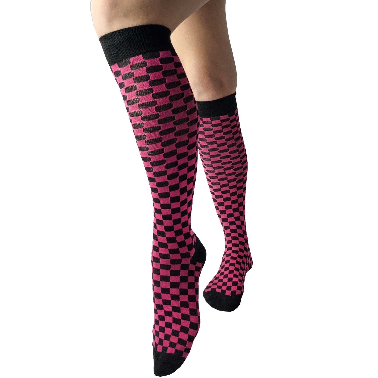 Fuchsia checkerboard knee-high socks for women with a striking geometric pattern, perfect for casual outfits, cosplay, festivals, and everyday wear.