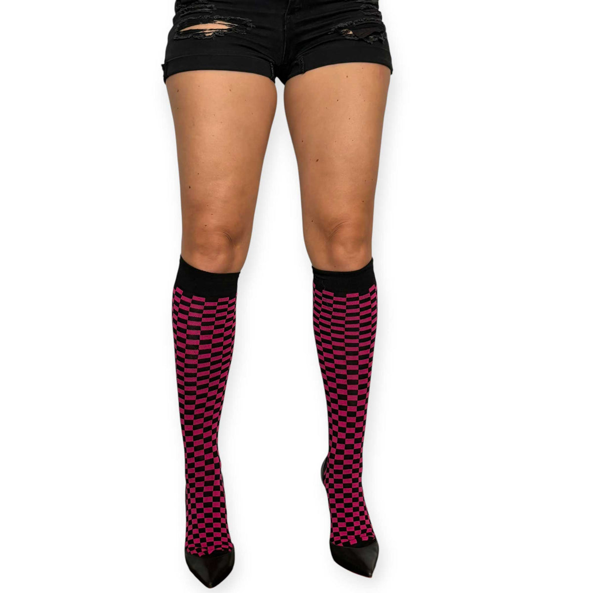 Malka Chic knee-high socks for women featuring a vibrant fuchsia and black checkerboard design.