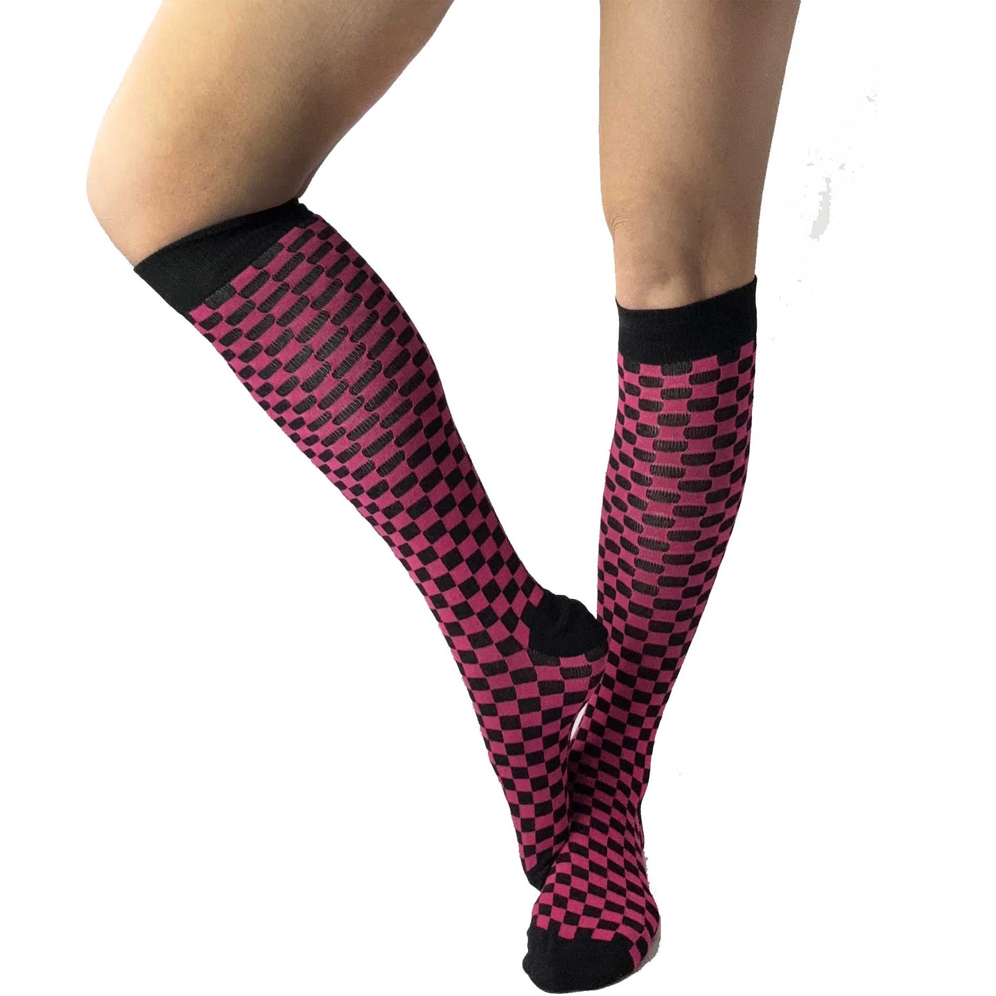 Black and fuchsia checkerboard knee-high socks for women featuring a bold optical illusion pattern and comfortable stretch fit by Malka Chic.