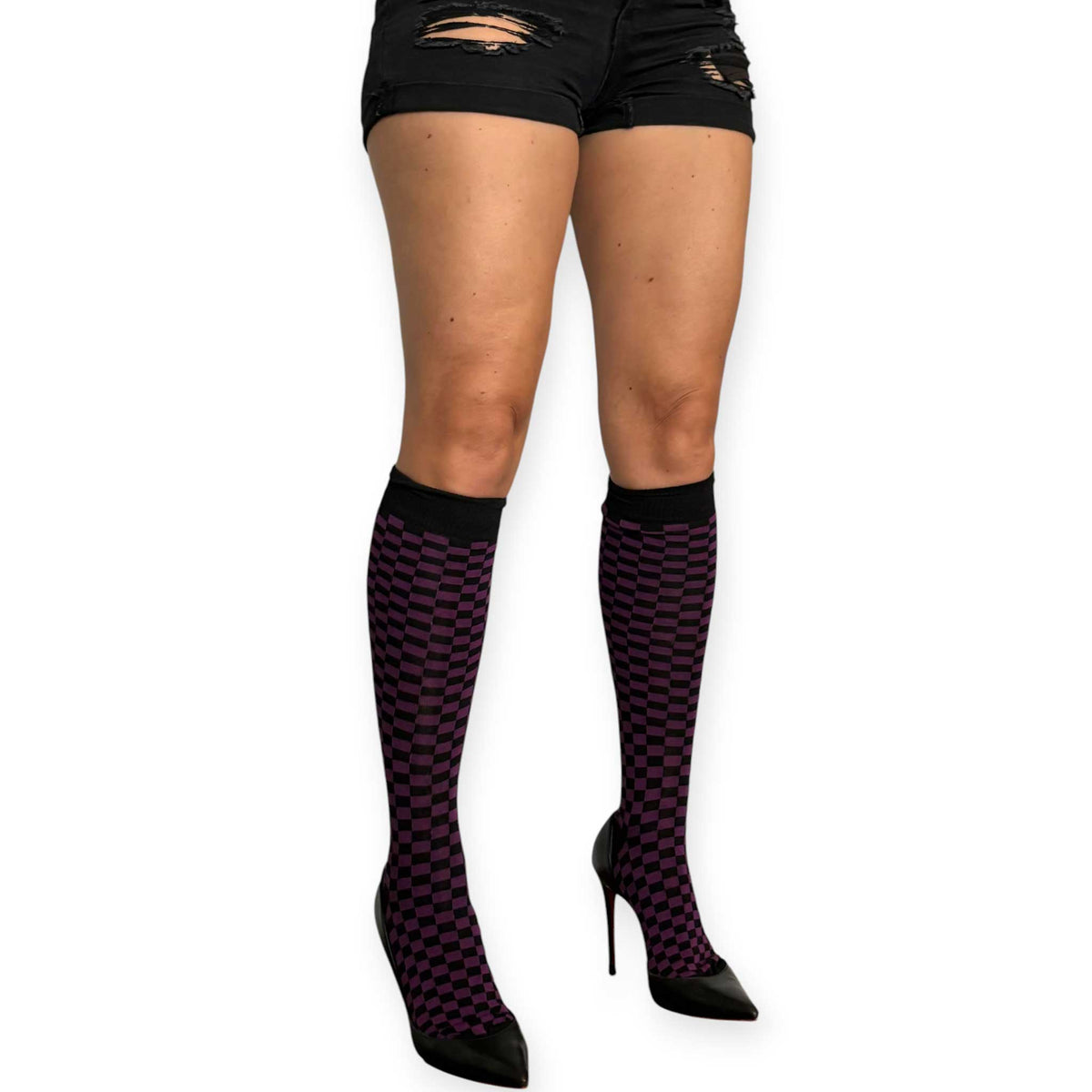 Malka Chic women’s knee-high socks featuring a bold purple and black checkerboard pattern.