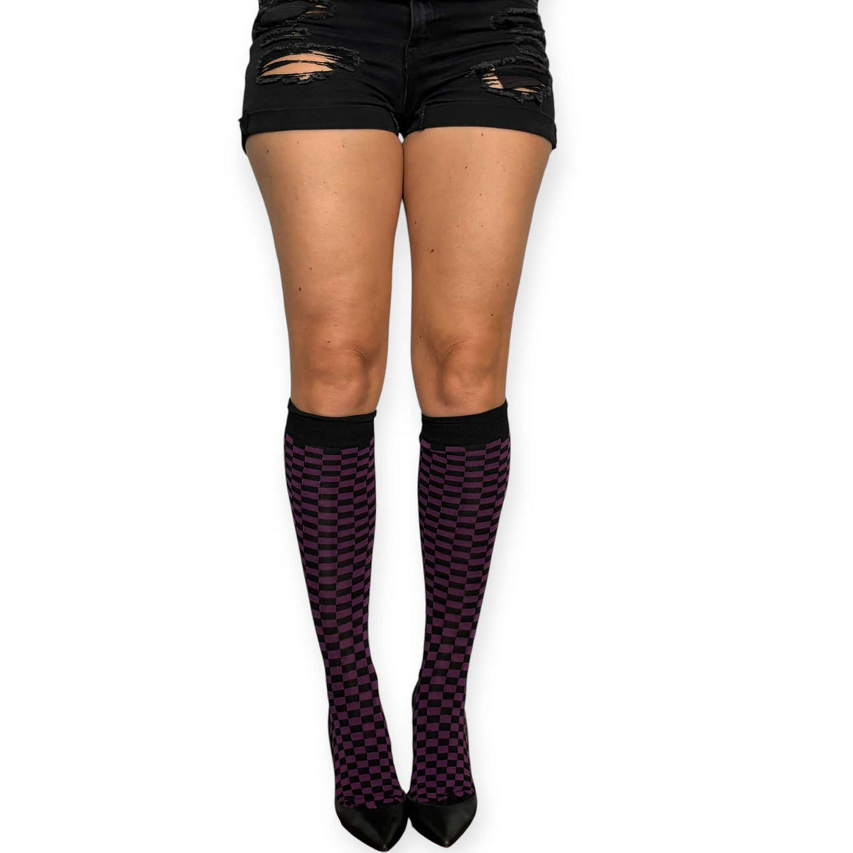 Purple and black checkered socks for women by Malka Chic with an all-over geometric design.