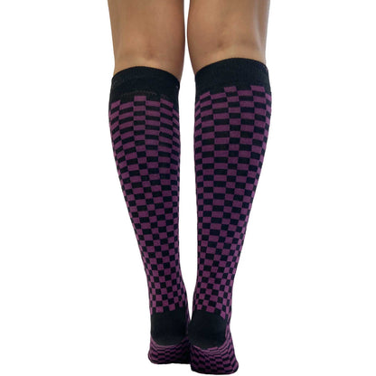 Purple and black checkerboard knee-high socks for women featuring a bold optical illusion pattern and comfortable stretch fit by Malka Chic.