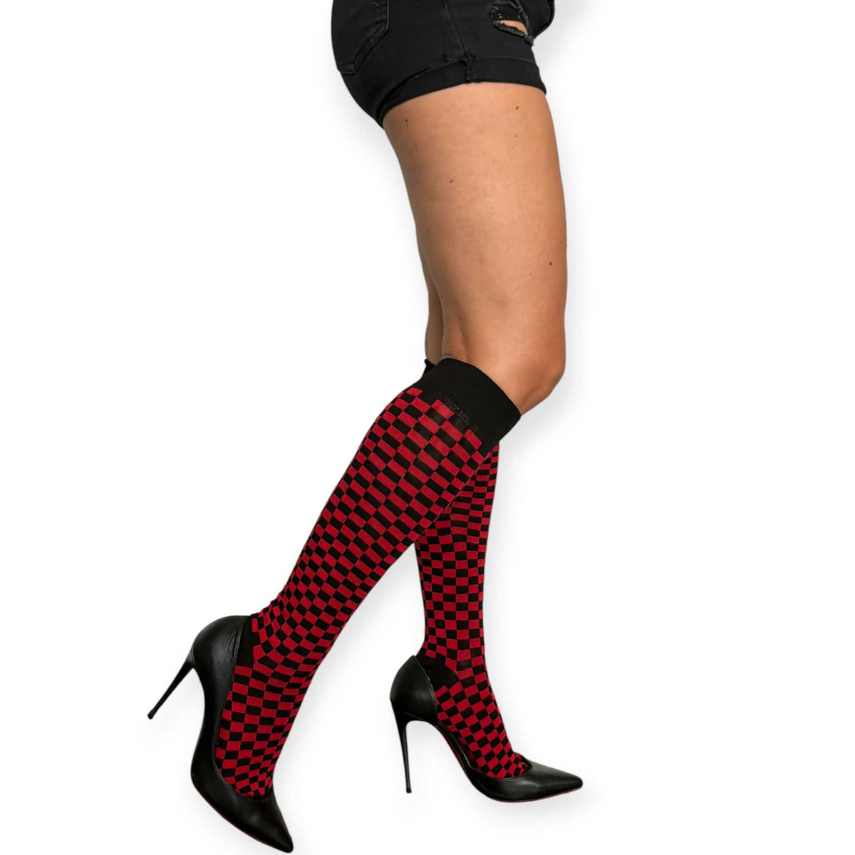 Red and black checkered socks for women by Malka Chic with an all-over geometric design.