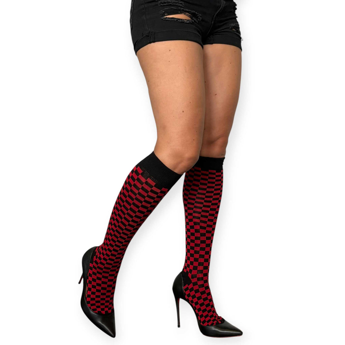 Malka Chic women’s knee-high socks featuring a bold red and black checkerboard pattern.