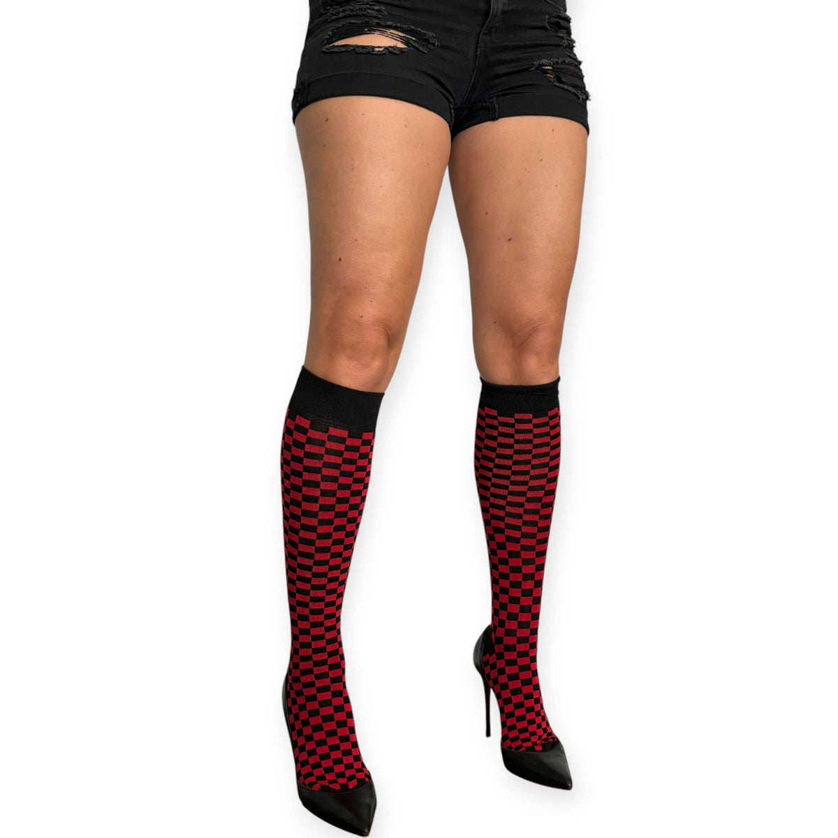 Red and black patterned knee socks for women by Malka Chic with a bold graphic checkerboard look.