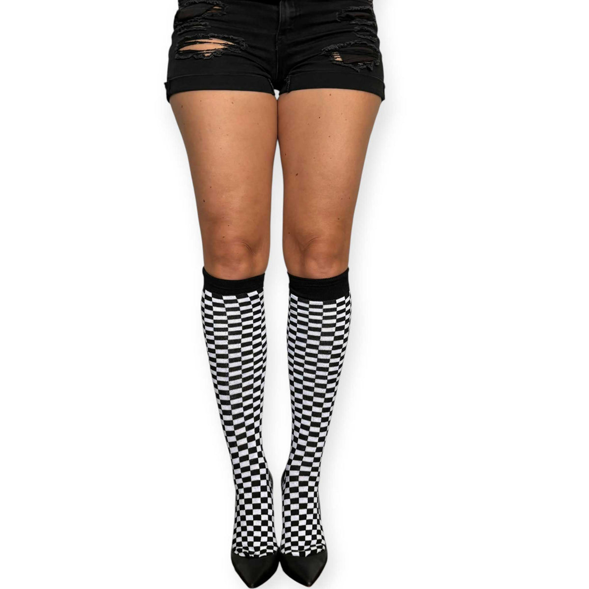 Malka Chic women’s knee-high socks featuring a bold black and white checkerboard pattern.