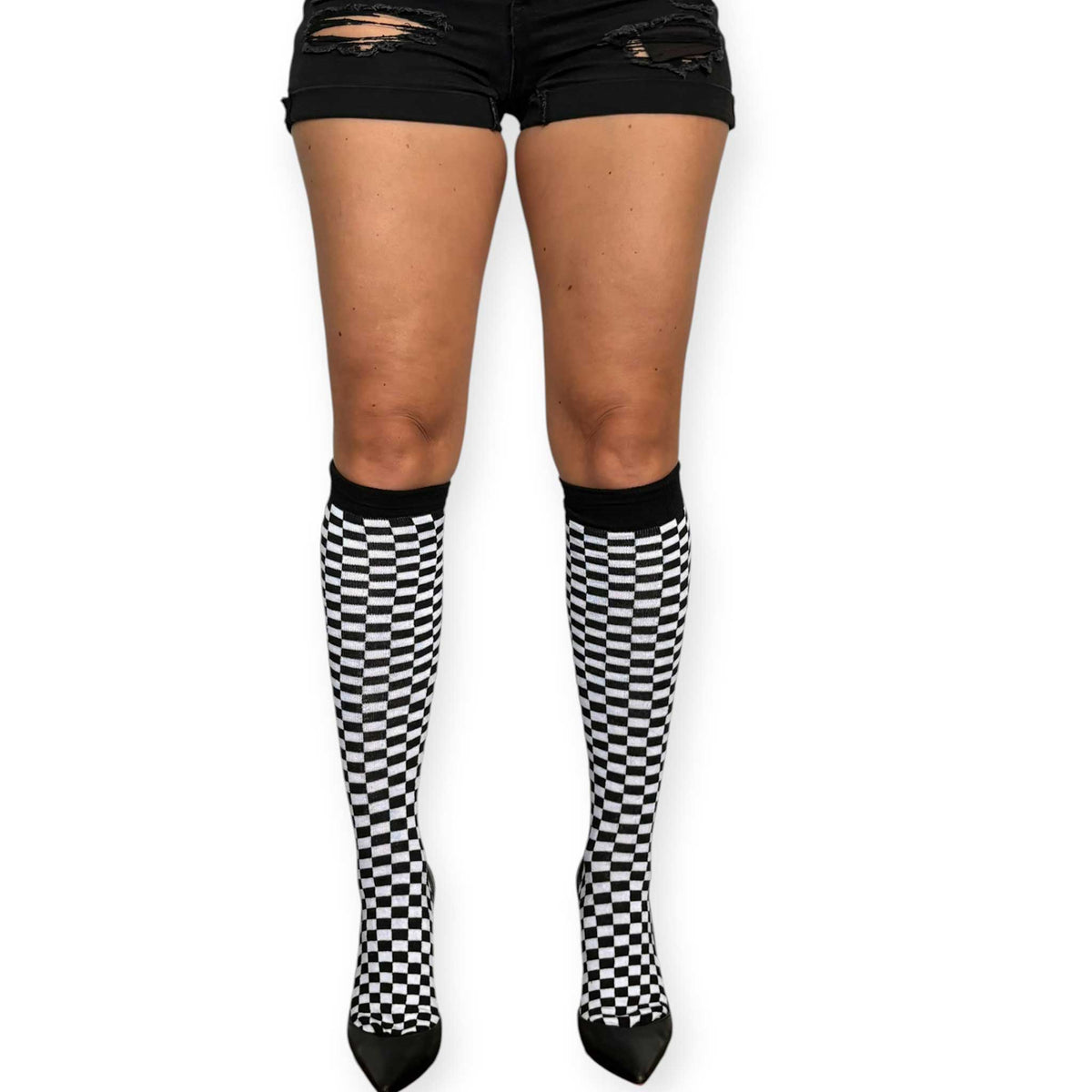 Black and white checkered socks for women by Malka Chic with full knee-high coverage and graphic contrast design.
