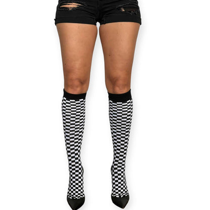 Black and white checkered socks for women by Malka Chic with full knee-high coverage and graphic contrast design.