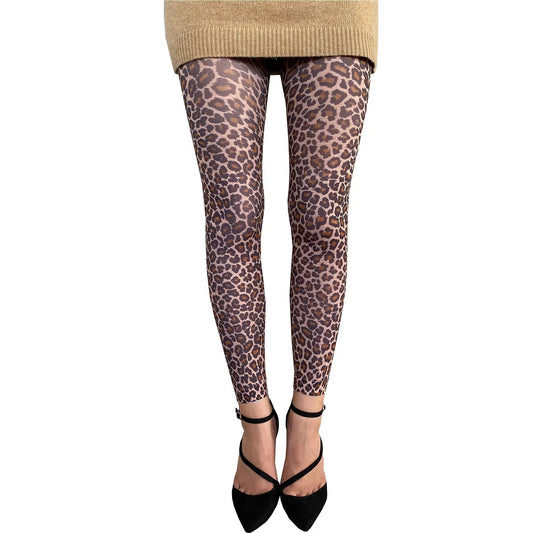 Leopard footless tights for women by Malka Chic with classic animal print design