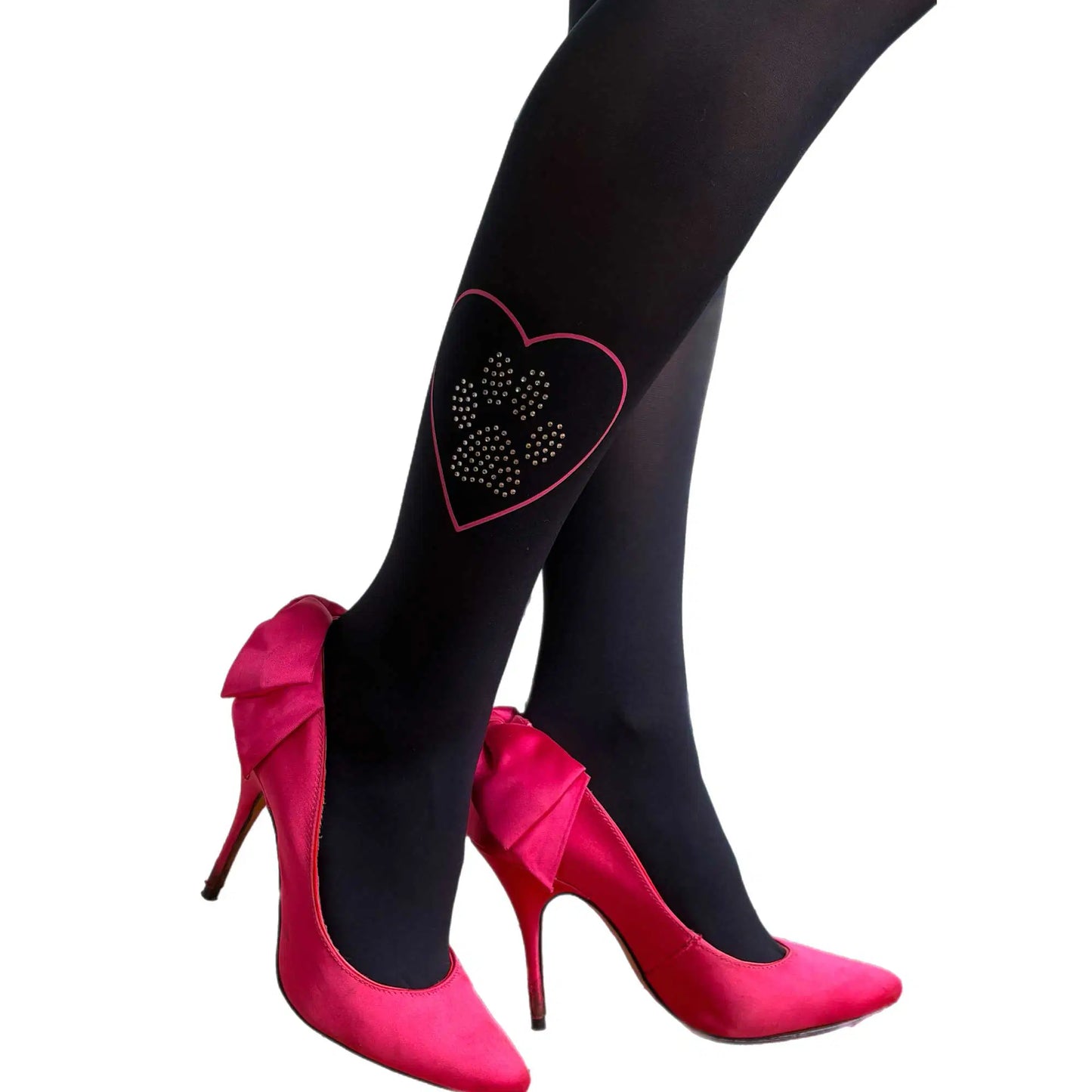 Navy tights with silver paw studs and pink heart detail by Malka Chic