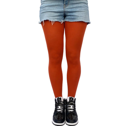 Deep terracotta orange tights for women with a rich matte finish and flexible fit