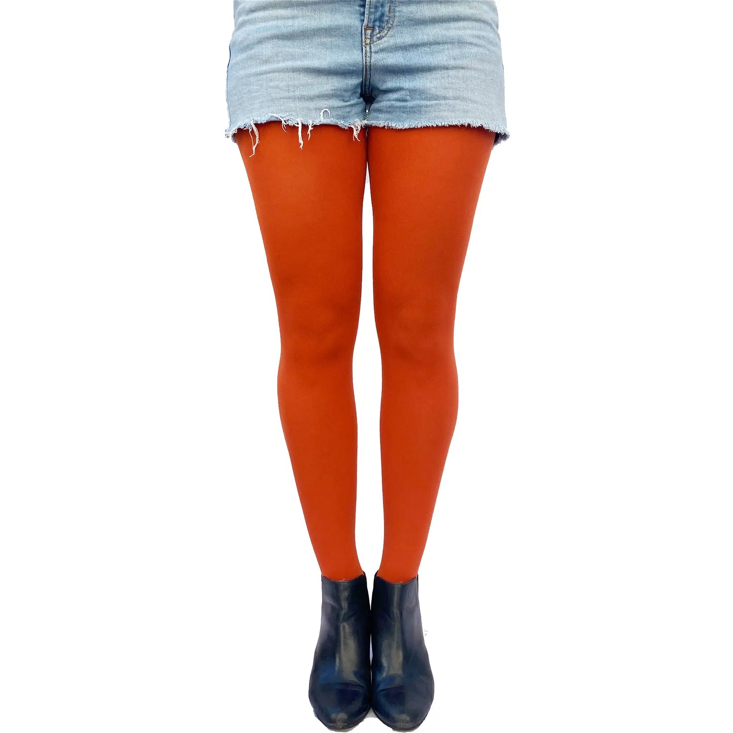 Cozy rust-colored opaque pantyhose perfect for autumn outfits, dresses, and layered looks