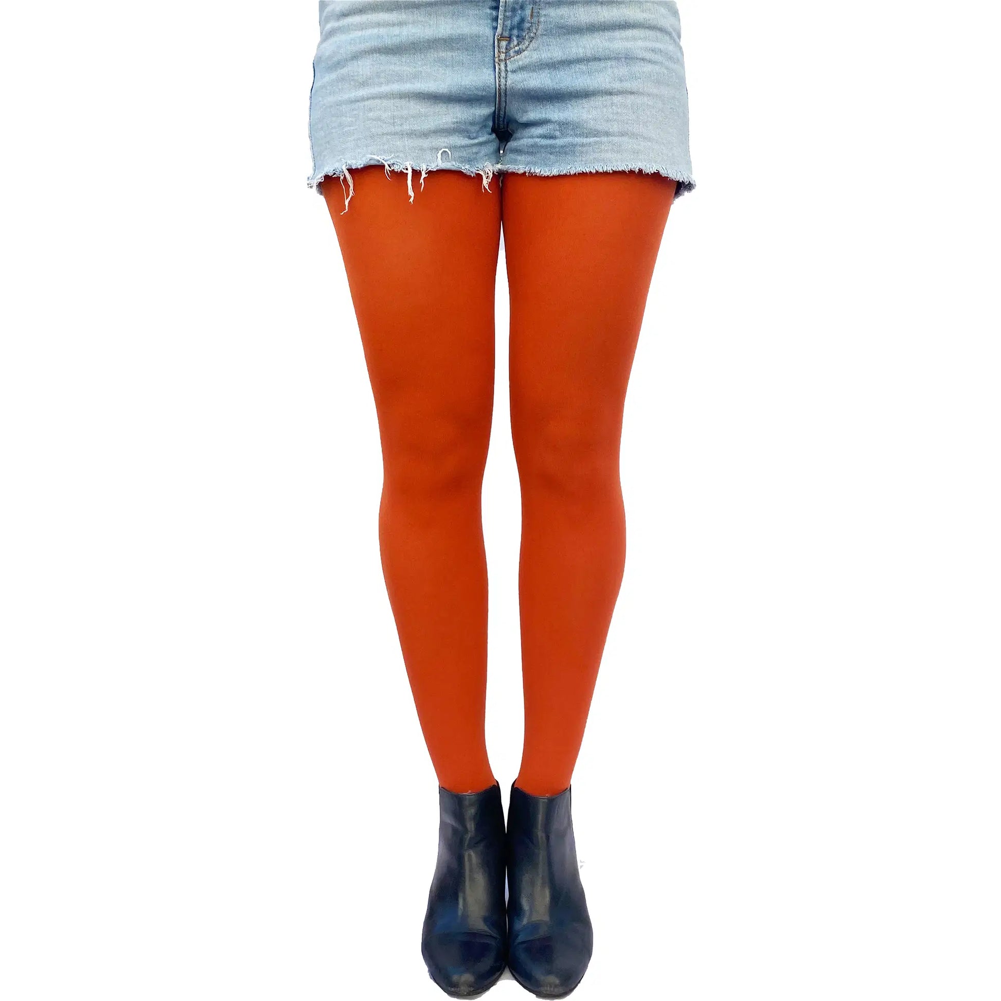 Cozy rust-colored opaque pantyhose perfect for autumn outfits, dresses, and layered looks