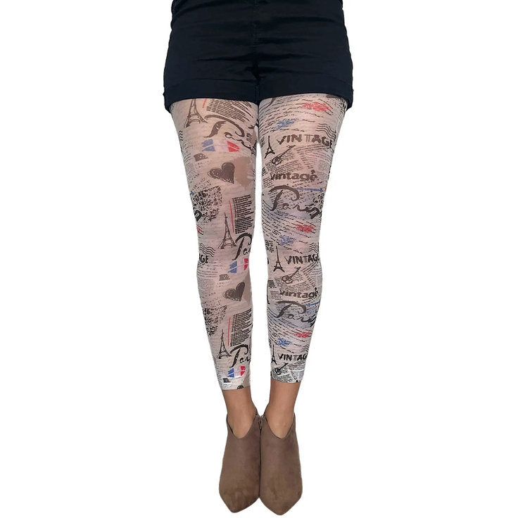 Paris themed footless tights by Malka Chic with artistic city pattern