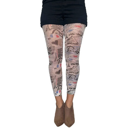 Paris themed footless tights by Malka Chic with artistic city pattern