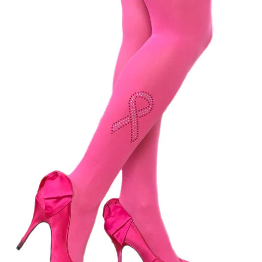 Breast cancer awareness rhinestone tights by Malka Chic with symbolic design