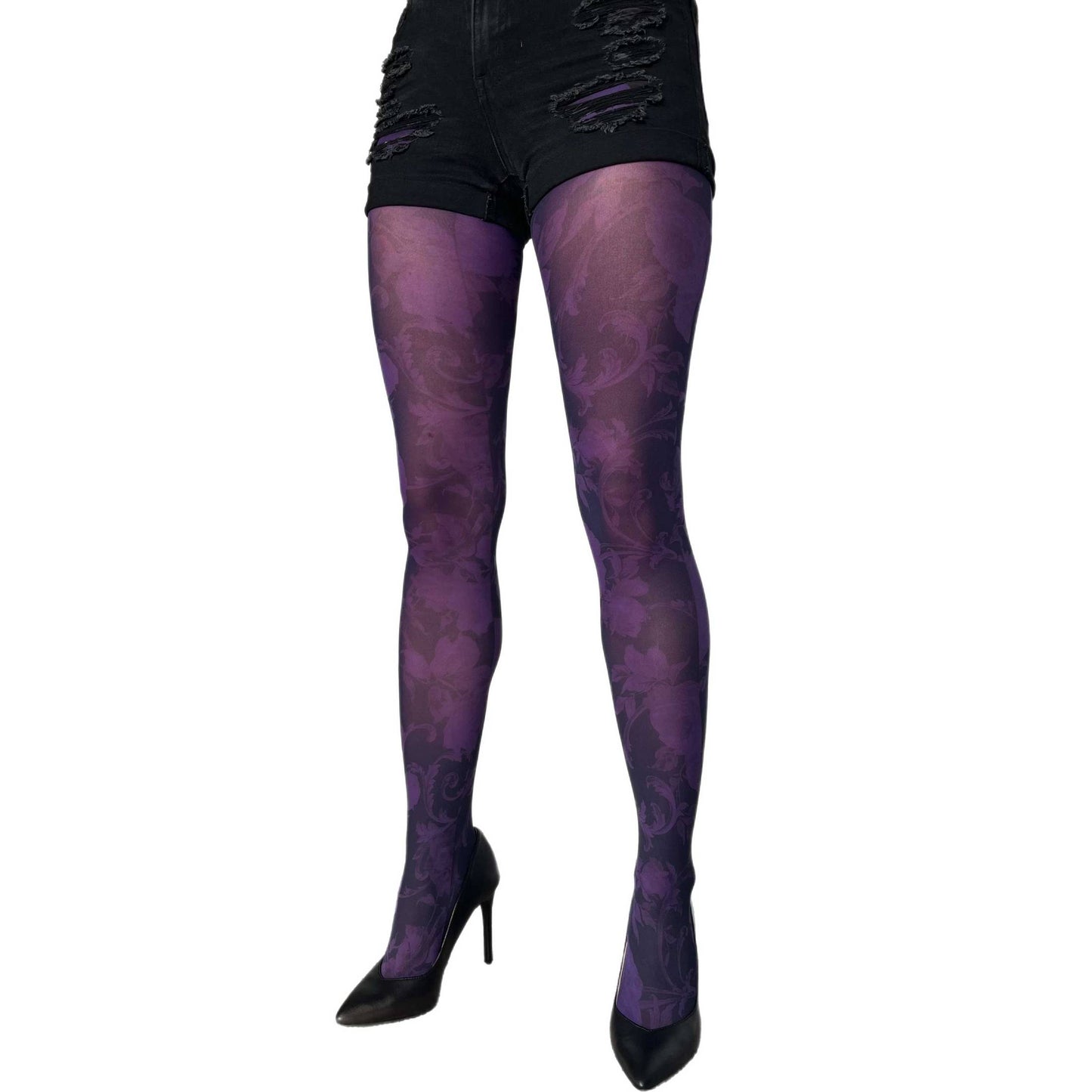 Purple floral patterned tights worn with black high heels sold at Malka Chic